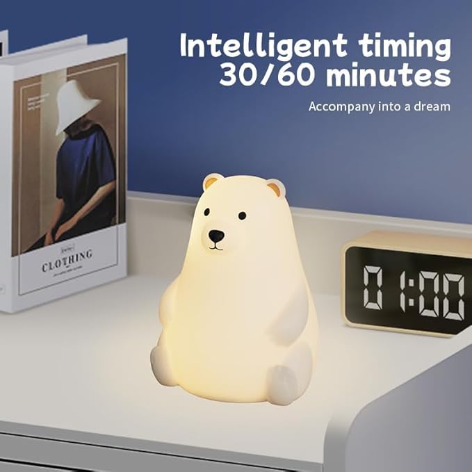 Polar Bear Silicone Night Light for Kids Nursery Bedroom - Tap Control, 3 Adjustable Brightness, USB Rechargeable, Child-Safe Soft Glow LED Lamp, Baby Gift Idea