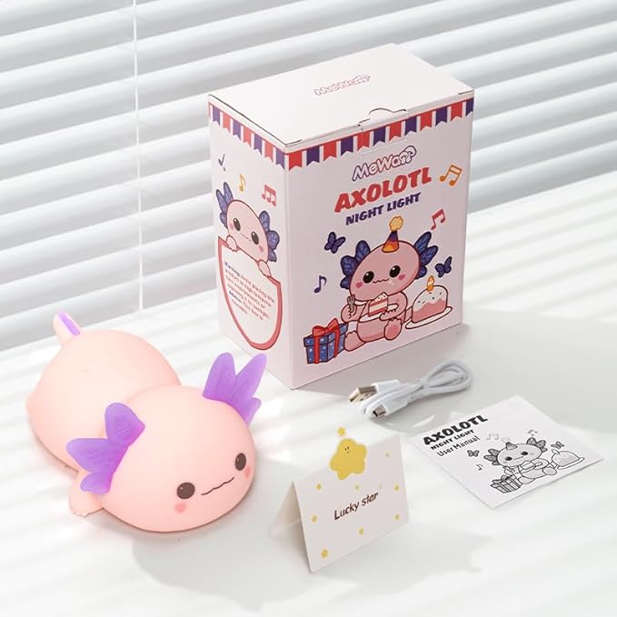 Mewaii Huggwaii Squishy Axolotl Night Light for Kids, 4 Soothing White Noise Sounds, Dimmable Silicone Axolotl Lamp Toddler Light, Upgraded Rechargeable Nightlight,Baby Gifts & Girls Room Decor