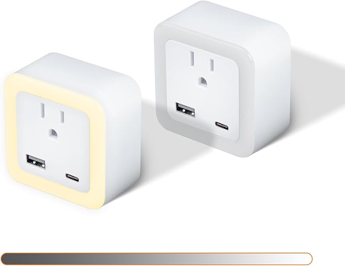 Night Lights Plug Into Wall 2 Pack Rechargeable Battery Backup Light Dusk to Dawn Night Light with Wall Outlet Expander for Adults Kids Bedroom, Kitchen, and Bathroom (Warm Dimmable - 3000K)