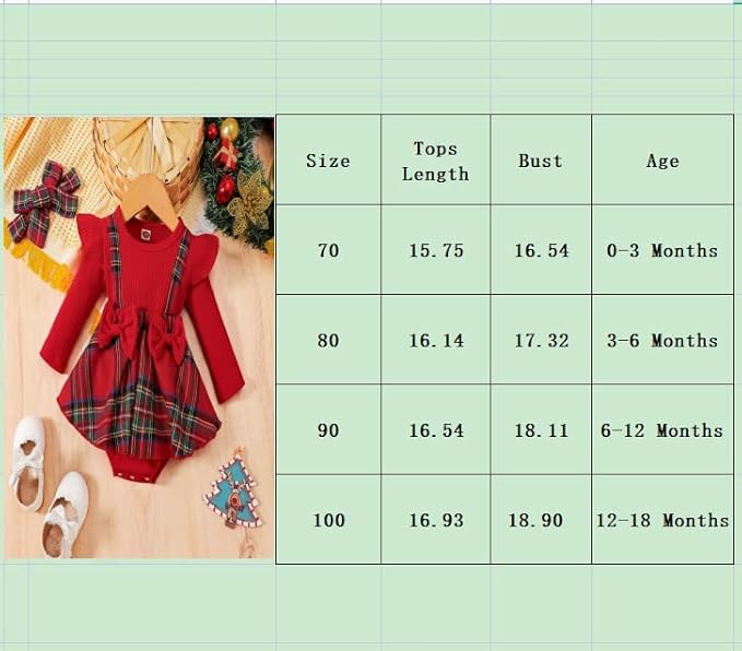 Hnyenmcko Newborn Baby Girl Christmas Clothes Infant Red Plaid Romper Dress Ruffle Long Sleeve Ribbed Bodysuit Headband Set