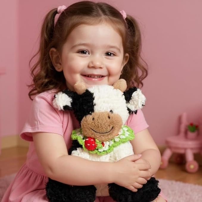 Hopearl Adorable Plush Cow Toy with Knitted Cute Strawberry Bib Floppy Dairy Cattle Soft Stuffed Animal Gifts for Boys Girls Kids Toddlers, 9''
