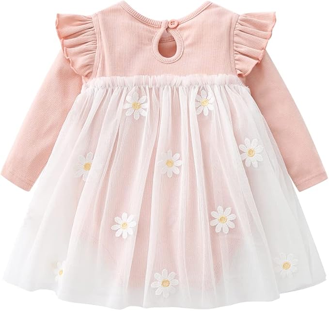 Vivobiniya Toddler Girl Ruffle Daisy Tulle Bodysuit Dress Baby Girl Romper Long Short Sleeve Clothes