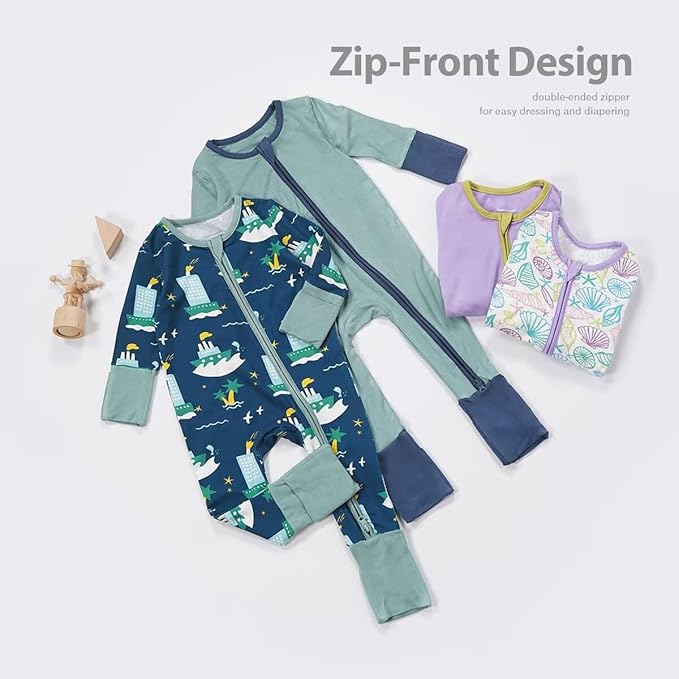 Teach Leanbh Unisex Baby 2 Pack Bamboo Viscose Pajamas with Mittens and Feet Cuffs 2 Way Zipper Long Sleeve Romper