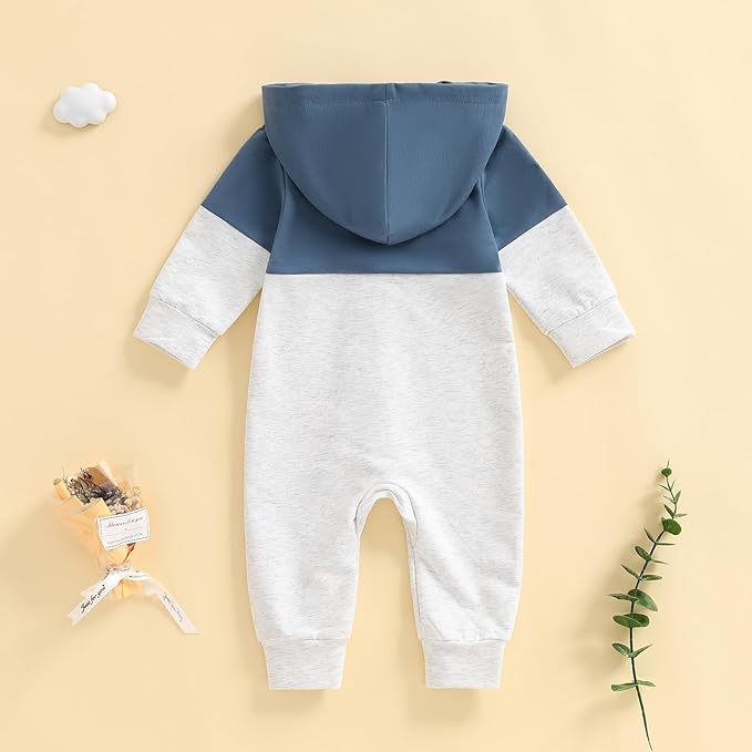 Newborn Baby Boy Fall Outfit Romper Long Sleeve Hooded Contrast Color Zipper Onesie Jumpsuit Bodysuit Infant Clothes