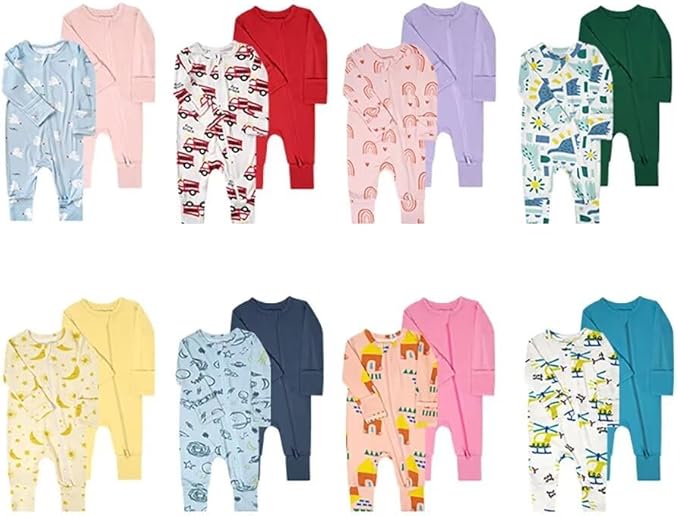 Teach Leanbh Baby Boys Girls 2 Pack Bamboo Viscose Pajamas with Mitten Cuffs 2 Way Zipper Long Sleeve Romper Sleep and Play