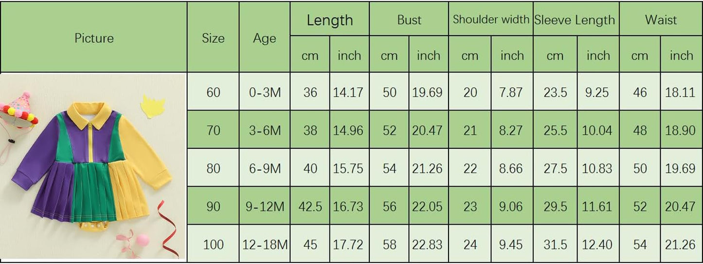 Infant Baby Girl Mardi Gras Outfit Yellow Green Purple Long Sleeve Zipper Romper Dress A-Line Tutu Skirt Bodysuit