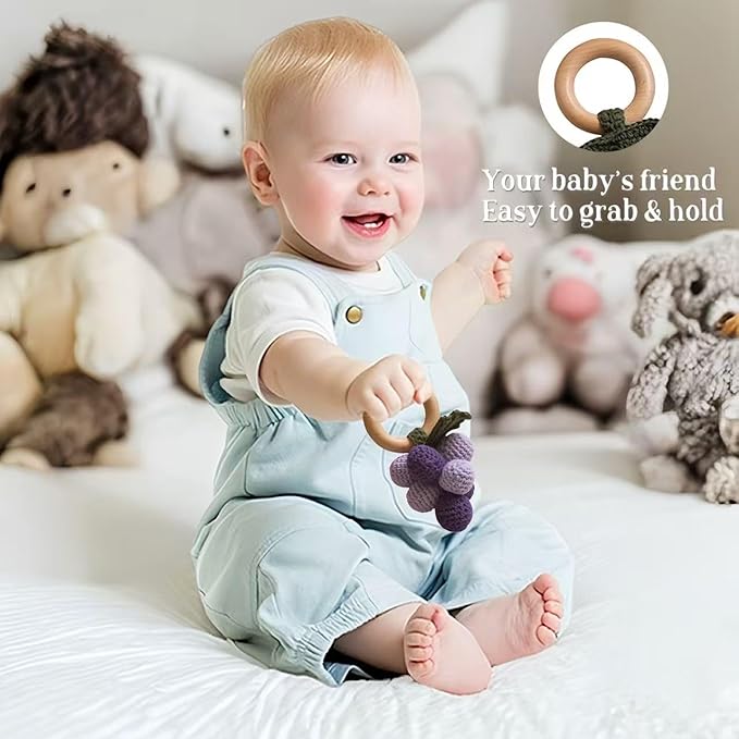 Wooden Baby Rattle Toys Stuffed Crochet Rattle with Teether Ring for Newborn Babies Fruit Wooden Teether Toy Infant Toddler Handcrafted Crochet Rattles Cute Shower Gifts for Boy and Girls