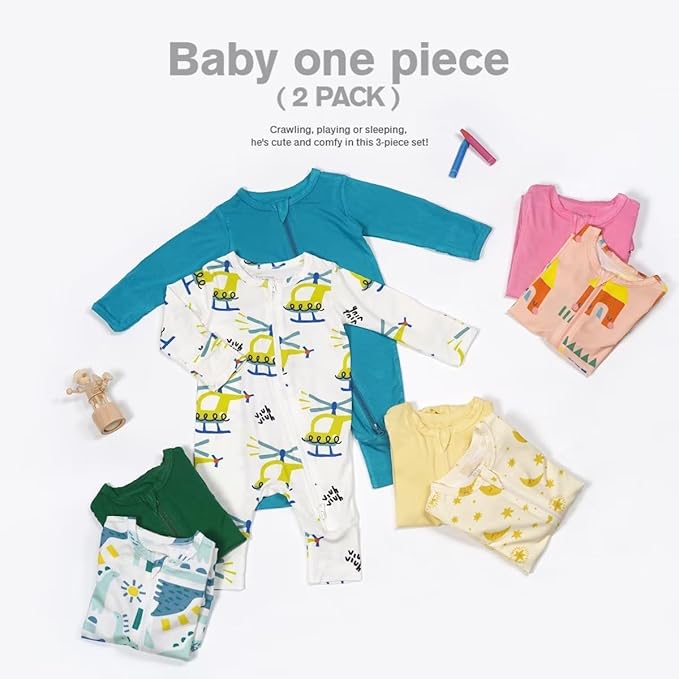 Teach Leanbh Baby Boys Girls 2 Pack Bamboo Viscose Pajamas with Mitten Cuffs 2 Way Zipper Long Sleeve Romper Sleep and Play