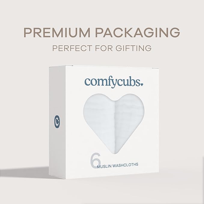 Comfy Cubs Muslin Baby Washcloths 6 Pack - Soft 6-Layer Cotton Wash Cloths for Sensitive Skin - 10"x10" Large, Gentle, Absorbent Infant Essentials for Newborn and Toddlers - White