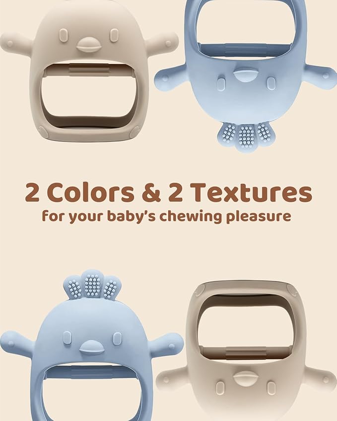 2 Packs Baby Teething Toy Silicone Teething Mitten for Babies Over 3 Months Anti Dropping Wrist Hand Teethers Baby Chew Toys for Sucking Needs, BPA Free (Blue & Caramel)