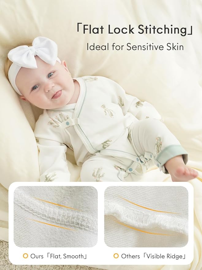 BINIDUCKLING Newborn Kimono Side Snap & Tie Wrap Over Long Sleeve Romper with Mitten Cuffs