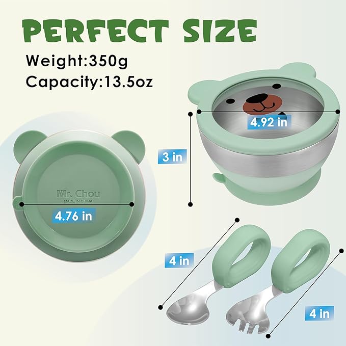 MR. CHOU Baby Suction Bowl Set with Spoon & Fork, Insulated Double-Layer 18/8 Stainless Steel Toddler Bowls with Silicone Suction Cup & BPA Free Airtight Lids, Green
