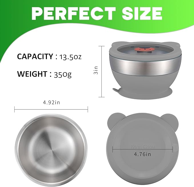 Suction Bowl and Spoon Set for Babies and Toddlers Non-Slip Silicone Suction Cups, Advanced 304 Stainless Steel Bowls, Double-Layer Insulation, and BPA-Free Lids Food-Grade Safety
