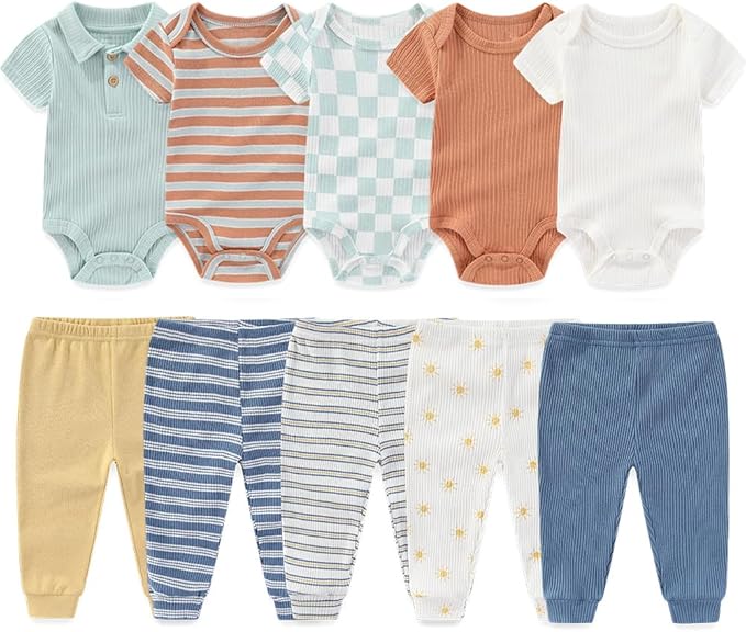 Kiddiezoom Newborn Baby Layette Set 10-Piece with Bodysuits and Pants Set for Unisex Baby Gift Sets