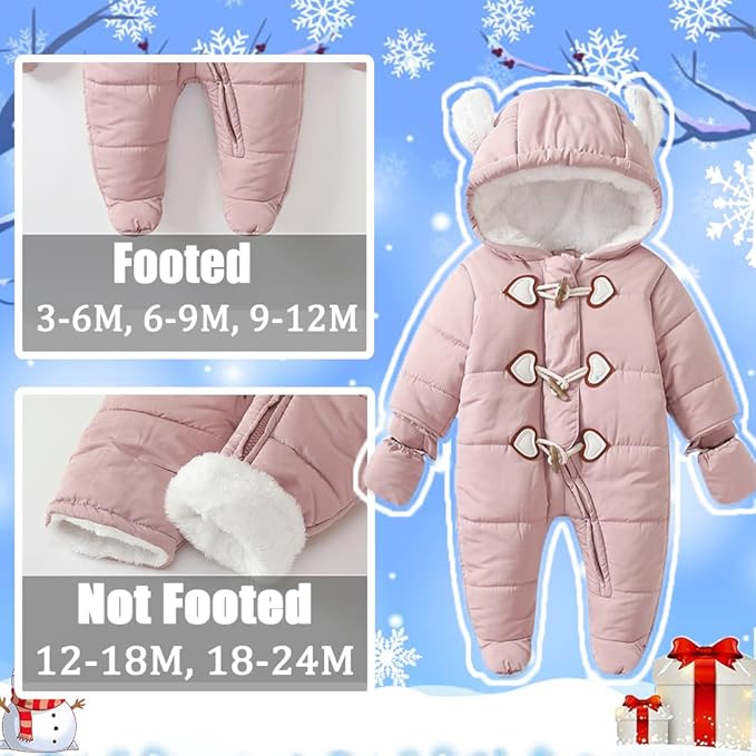 Baby Winter Snowsuit Warm Hooded Coat Onesie Romper Jumpsuit with Footed Gloves for Boys Girls 3-24 Months