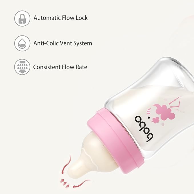 YOHKOH Glass Baby Bottles with Slow Flow Nipple, Newborn Anti-Colic Baby Bottles for 0+ Months, Wide Neck Feeding Bottle, Clear (Red, 5oz (Pack of 2))