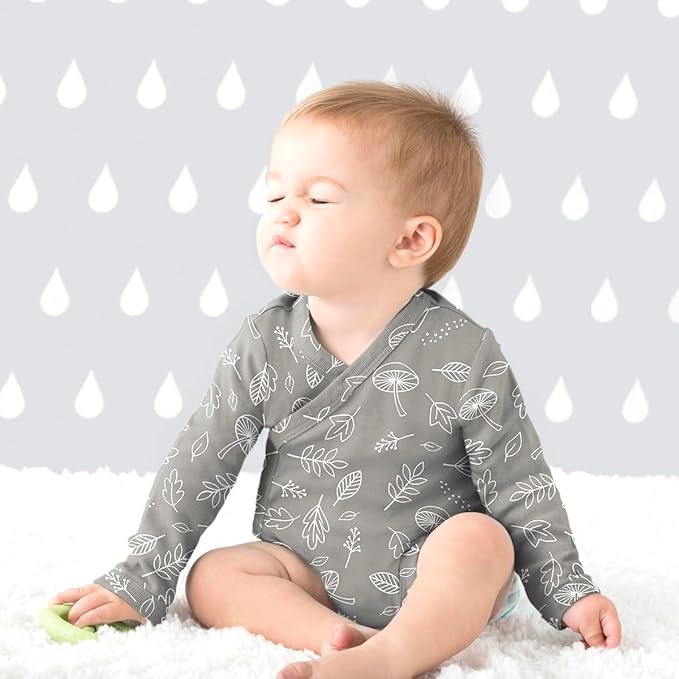 Babysoy Organic Baby Newborn Long Sleeve Pattern Kimono Wrap Around Side Snap Bodysuit/Onesie for Unisex Infants