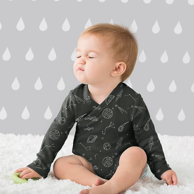 Babysoy Organic Baby Newborn Long Sleeve Pattern Kimono Wrap Around Side Snap Bodysuit/Onesie for Unisex Infants