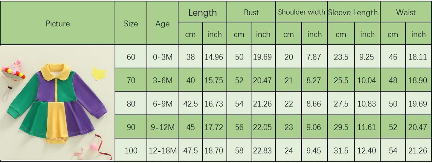 Infant Baby Girl Mardi Gras Outfit Yellow Green Purple Long Sleeve Zipper Romper Dress A-Line Tutu Skirt Bodysuit