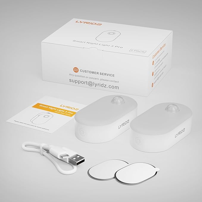 Lyridz Rechargeable Motion Sensor Night Light, Cool White LED Stick-on Closet Light with Dusk to Dawn Sensor, 1-20LM Stepless Adjustable Brightness for Bedroom, Wall, Kitchen, Stairs, Hallway, 2-Pack