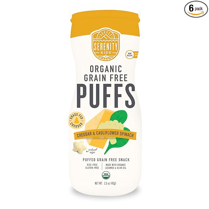 Serenity Kids 6+ Months Baby Puffs - Pack of 6, 1.5 oz, Cheddar & Cauliflower Spinach - USDA Organic Grain Free Toddler Food - Nut, Rice & Gluten Free Baby Snacks with Veggies, Legumes & Olive Oil