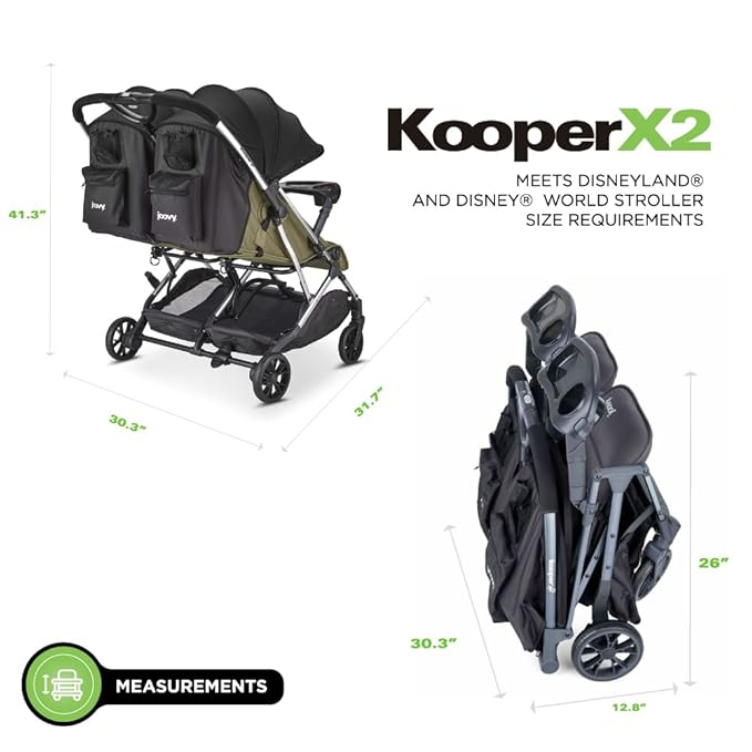Joovy Kooper X2 Double Stroller, Lightweight Travel Stroller, Compact Fold with Tray, Olive