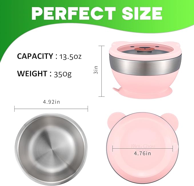 Suction Bowl and Spoon Set for Babies and Toddlers Non-Slip Silicone Suction Cups, Advanced 304 Stainless Steel Bowls, Double-Layer Insulation, and BPA-Free Lids Food-Grade Safety PINK