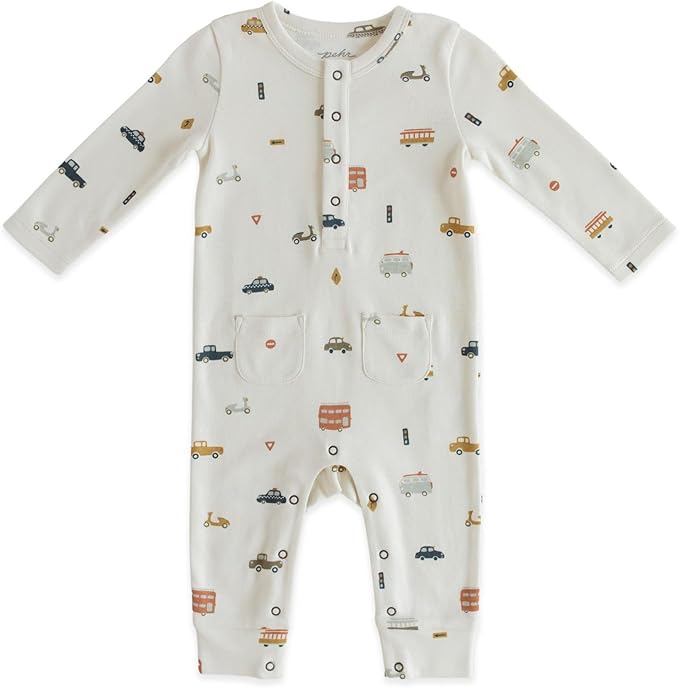 PEHR Henley Patch Pocket Romper, Rush Hour | 100% Organic Cotton, Baby Boy Romper with Brass Snap Closures and Front Pockets (Rush Hour, 18-24 months)