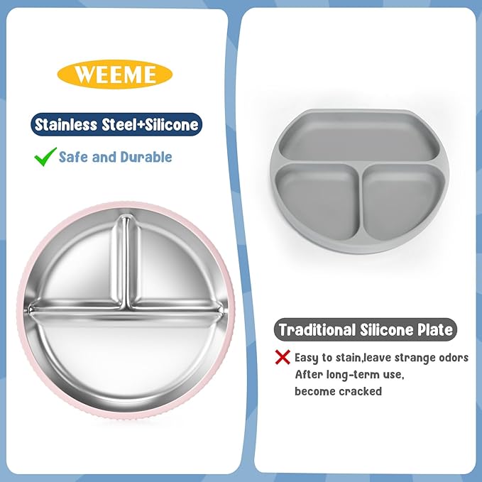 2-Pack Stainless Steel Kids’ Plates with Suction Bases, 8.26" Divided Toddler Plates with Removable Silicone Sleeves, Non-Slip, BPA-Free, Dishwasher Safe (Pink & Blue)