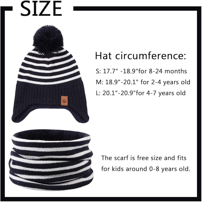 JANGANNSA Knitted Baby Hat Scarf Set Winter Warm Boys Girls Beanie Fleece Lining Toddler Kids Hats with Pompom