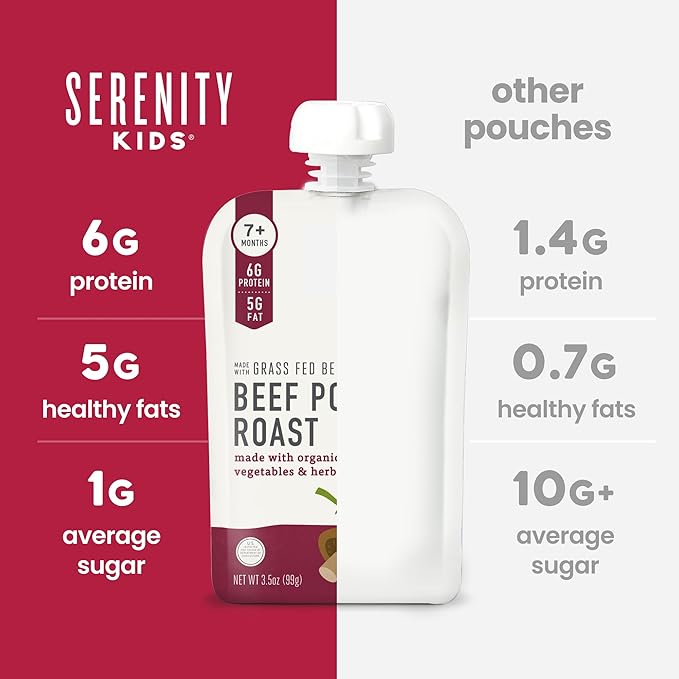 Serenity Kids 7+ Months Beef Pot Roast Bone Broth Puree Baby Food Pouches - No Added Sugar Beef Bone Broth Puree - Protein-Packed Toddler Meal - BPA-Free Toddler Food Pouch - 3.5 Oz, Pack of 12