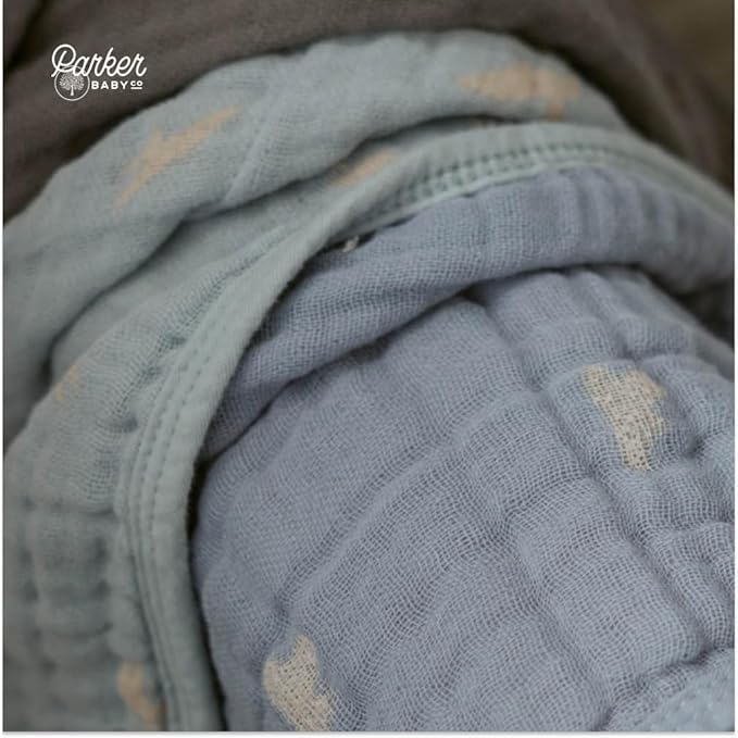 Parker Baby Muslin Burp Cloths | 100% Cotton Burping Clothes, Newborn Essential | Must-Have Baby Registry, Modern and Trendy Colors | 20"x11" Unisex Large Baby Burp Cloths, 4-Pack Cloud Set