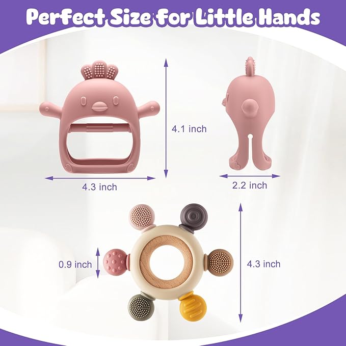 2 Packs Baby Teething Toy for 3-6 6-12 Months, Teether Mitten & Silicone Rudder with Wooden Ring, Food Grade Silicone, BPA-Free, Baby Chew Toys for Sucking Needs