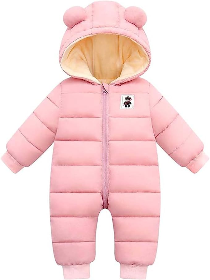 BYFRI Baby Boys Girls Snowsuit Newborn Cozy Winter Coat Infant Bear Hooded Jumpsuit Toddler Snow Outfit for 0-24 Months