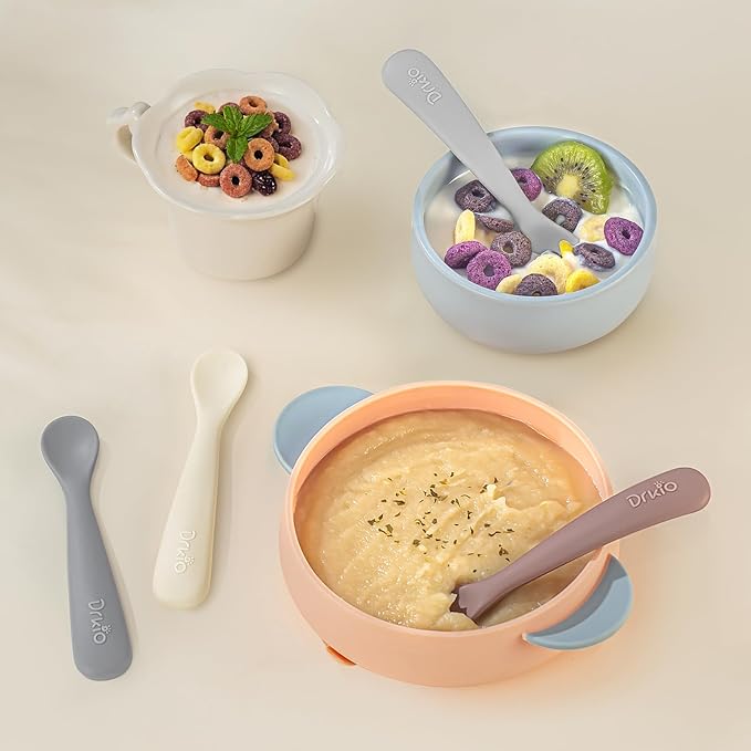 DRKIO 8-Piece Silicone Baby Spoons - Infant Spoons First Stage Self Feeding Baby Led Weaning Supplies Toddler Training Utensils Soft Chewable-Tip BPA-Free Dishwasher Safe Boil-proof