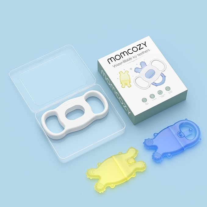 Momcozy Baby Teether Toys, Water Fillable Silicone Cold Teether, Baby Teething Toys Chill Teether, Baby Toys for Teething Relief 0-12 Months, Blue and Yellow 2 Pcs