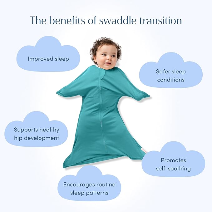 SleepingBaby Zipadee-Zip Transition Swaddle - Cozy Baby Swaddle Blanket with Zipper Convenience - Roomy Wearable Blanket for Easy Diaper Changes - Classic Teal, Small (4-8 Month)