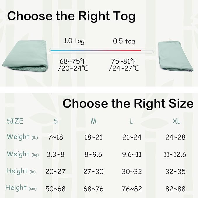 Supersoft Rayon Made from Bamboo Sleep Sack 12-18 Months 1.0 Tog Toddler Sleep Sack Baby Wearable Blanket with 2-Way Zipper Unisex Sleeping Bag for Babies All-year-around - Green