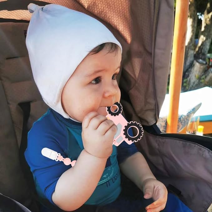 Baby Tractor Teething Toys,Food Grade Silicone Teether with One-Piece Pacifier Clip Holder,Baby Gift,Highly Effective Pain Relief for 3 Months+ Boy and Girl,BPA Free,Freezer Safe. (Pink)