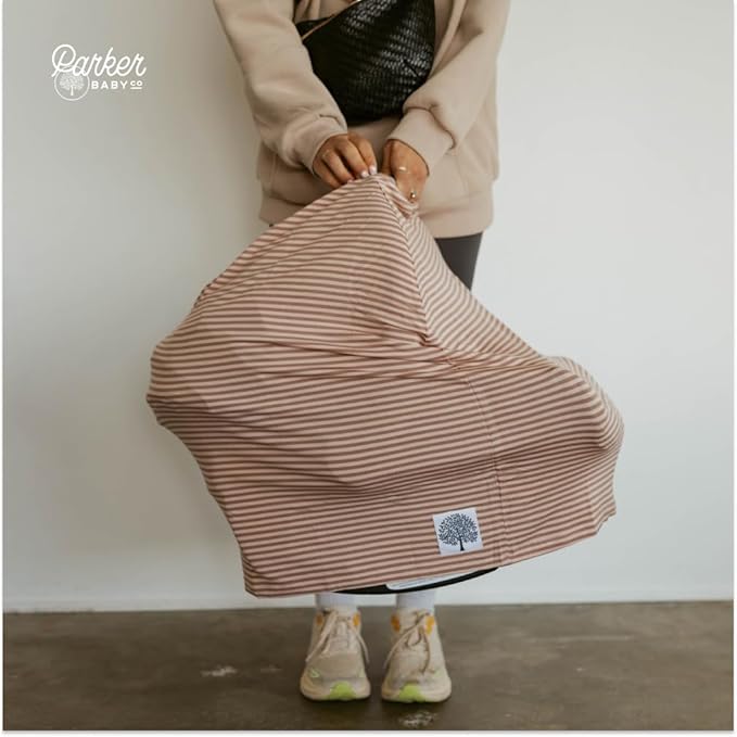 Parker Baby 4 in 1 Car Seat Cover for Girls and Boys - Stretchy Carseat Canopy, Nursing Cover, Grocery Cart Cover, High Chair Cover - "Rosewood Stripe"