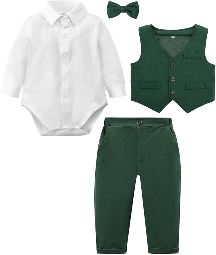 A&J DESIGN Baby Boy Suits Clothes Infant Toddler Formal Gentleman Outfits, Dress Shirt + Vest + Bow Tie + Pants Wedding Set