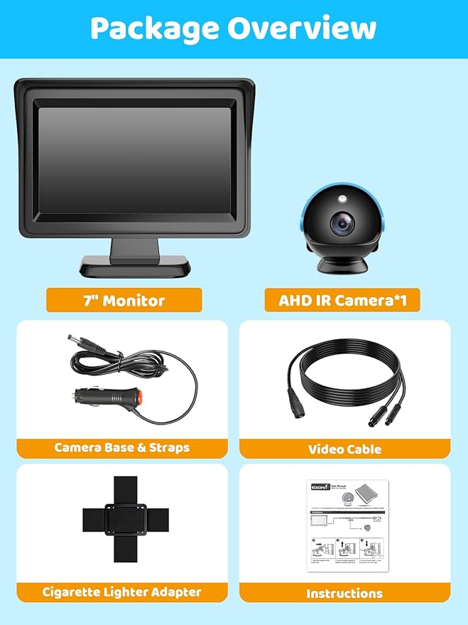 Car Camera for Baby, 7” 1080P HD Screen Baby Car Camera with IR Night Vision, 360° Rotating Adjustable Cam for Rear Facing Seat Backseat, Plug and Play Easy Install (Blue)