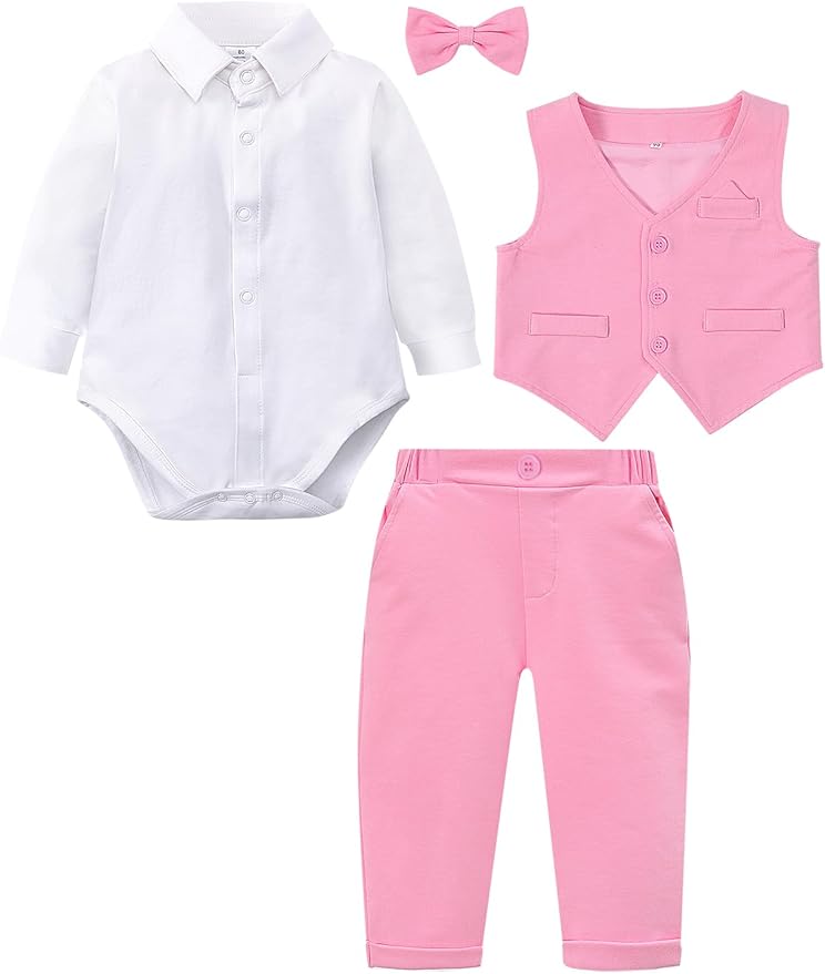 A&J DESIGN Baby Boy Suits Clothes Infant Toddler Formal Gentleman Outfits, Dress Shirt + Vest + Bow Tie + Pants Wedding Set