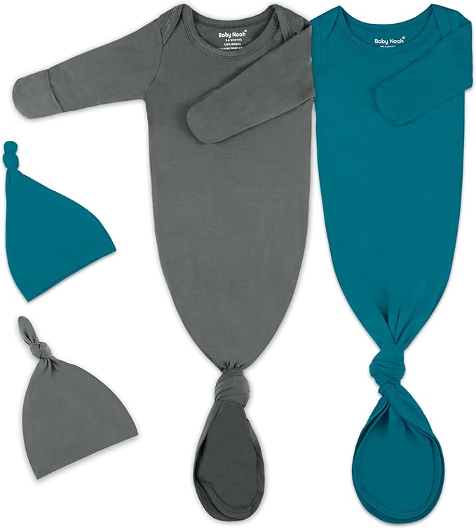 2Pack Knotted Gown Baby, Super Soft Long Sleeve Newborn Hospital Outfit Boy Girl Coming Home, Built-In Mittens Clothes