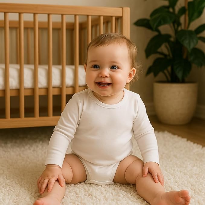 ROMPERINBOX Long Sleeve Onsies Girl 3 Pack Knitted Solid Baby Crew Neck Bodysuit Multicolors 0-24 Months