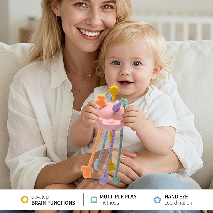 Little Rawr Silicone Baby Sensory Montessori Toys & Pull String Teething Toys for 18 M+, Toddler Birthday Gift Car Seat Airplane Travel Toy for 1 2 Year Old Boy Girl Infant 18 Months Old (Pink)