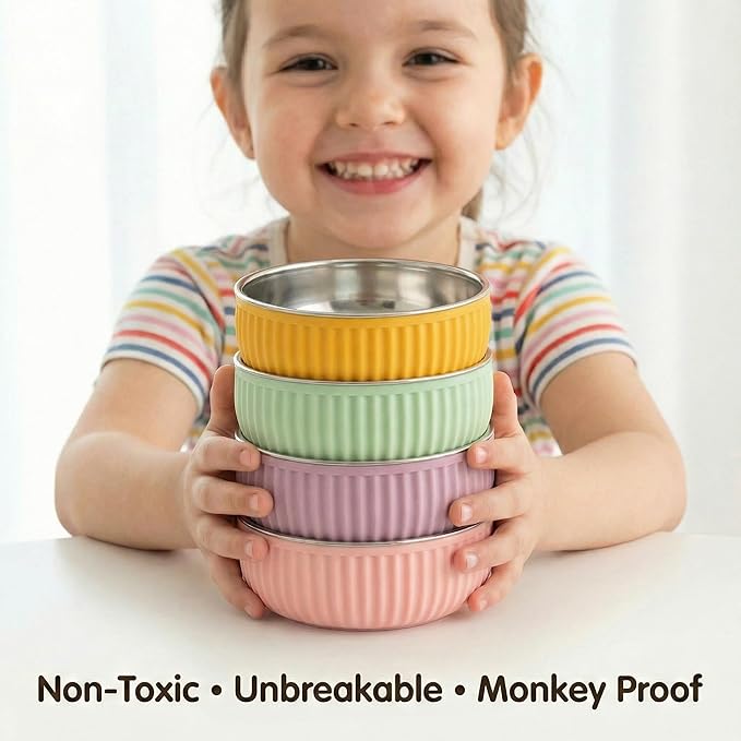 Monkey Proof™ Non-Toxic Stainless Steel Child Bowl 5” with Non-Slip Grooved Silicone Shell, (Set of 4 bowls) Unbreakable, Mess Free Feeding for Babies, Toddlers, Kids, BPA free (Garden Party Grooved)