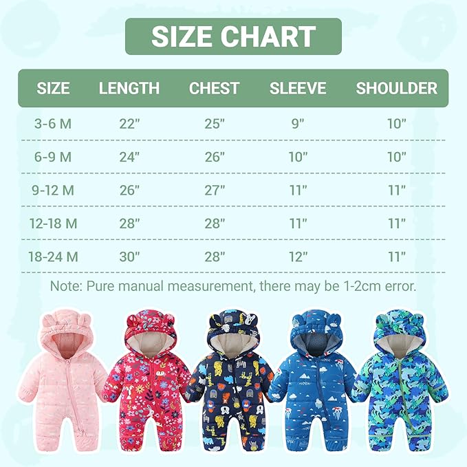 JiAmy Baby Snowsuit Baby Printed Winter Clothes With Flod-Over Girl Boy Hooded Outfits Jumpsuit Coat