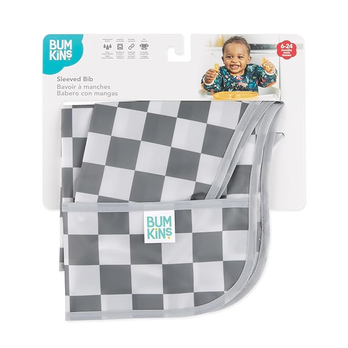 Bumkins Sleeved Bib for Girl or Boy, Baby and Toddler for 6-24 Mos, Essential Must Have for Eating, Feeding, Baby-Led Weaning Supplies, Long Sleeve Mess Saving Food Catcher, Fabric, Gray Check