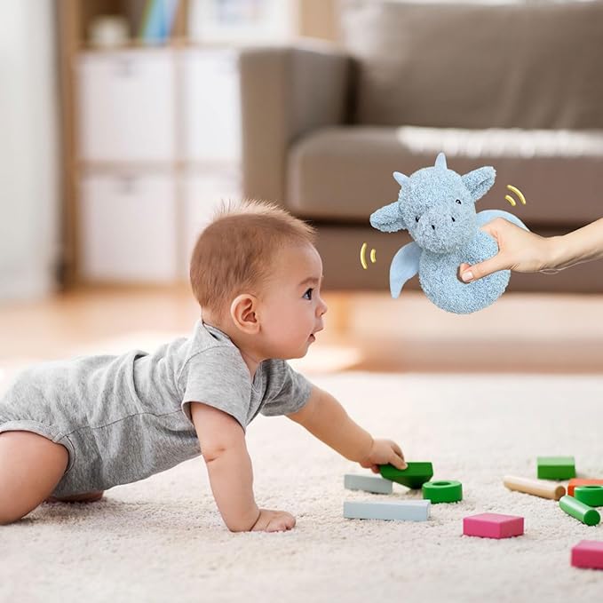 Baby Dragon Soft Rattle Toy, Plush Dinosaur Infant Shaker Rattle Easy-Grasp Stuffed Animal Toy, Gifts for Newborns Babies Toddlers Boys Girls, Blue, 6 Inches